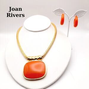 Vintage Joan Rivers Enamel Pendant Necklace & Hoop Earrings Set, Orange Lucite